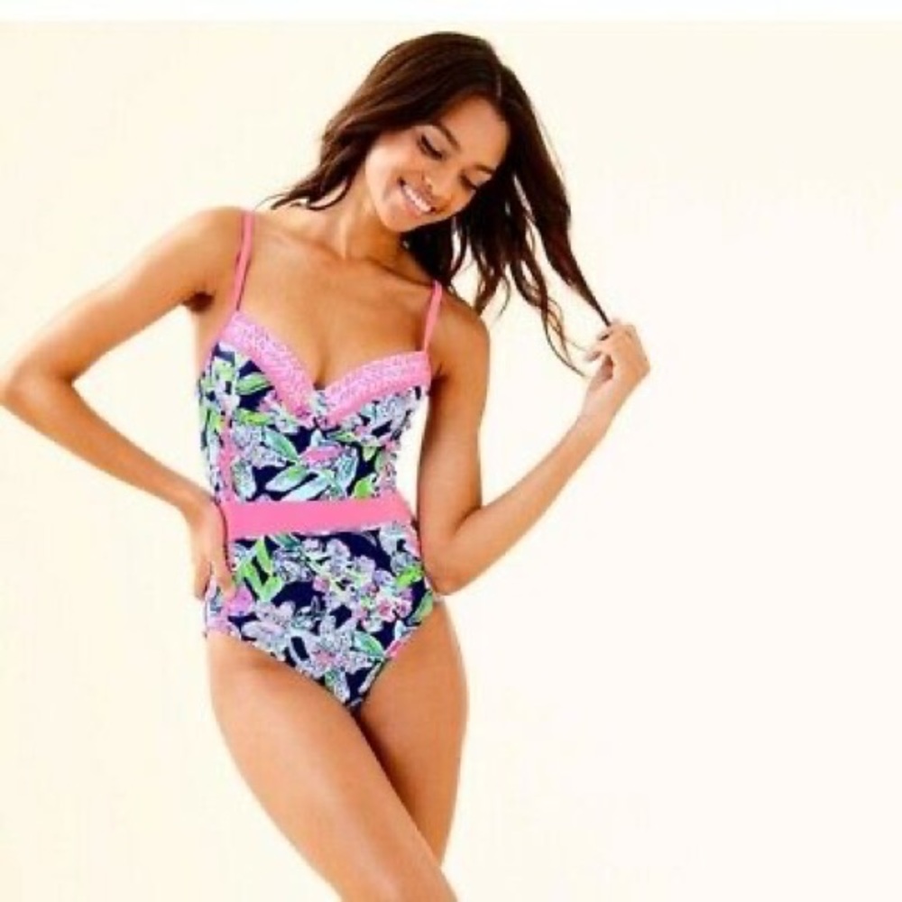 Lilly Pulitzer Palma One Piece Swimsuit Deep Sea Navy Sway This Way Size 6 EUC